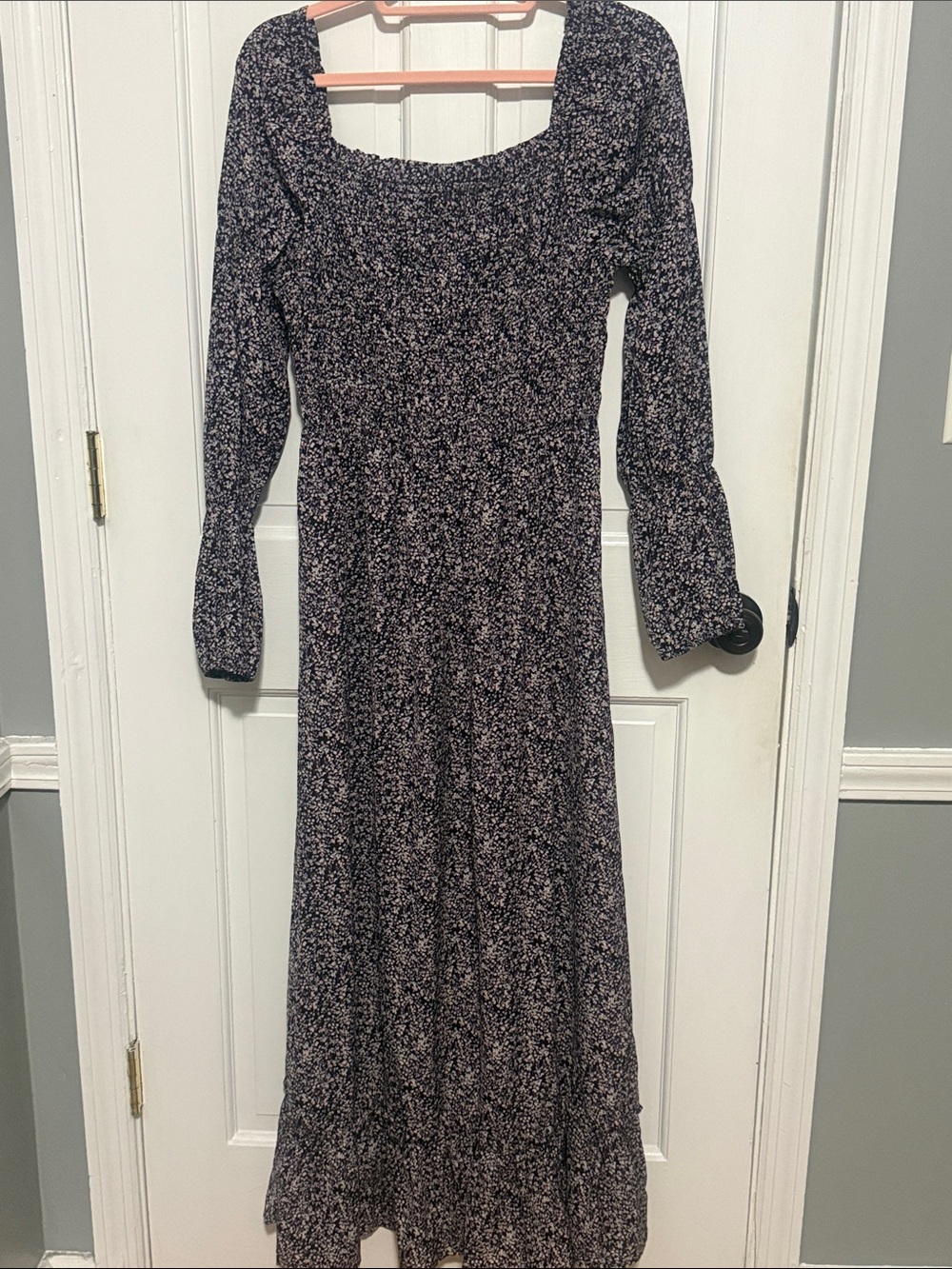 Smocked Square-Neck Long Sleeve Floral Maxi Dress in Black and Purple